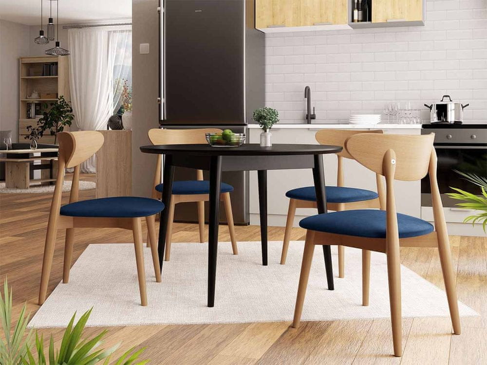 Veneti Jedálenský stôl 120 cm so 4 stoličkami OLMIO 1 - čierny / prírodné drevo / modrý